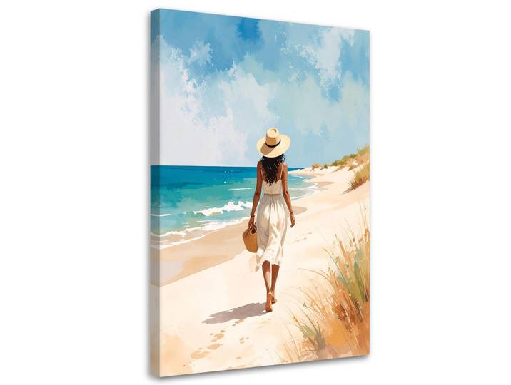 Feeby Leinwandbild Frau beim Entspannen am Strand 60x90cm, Beige, Person/Charakter, Rechteckig, 60x90 cm, Bilder & Rahmen, Bilder, Leinwandbilder