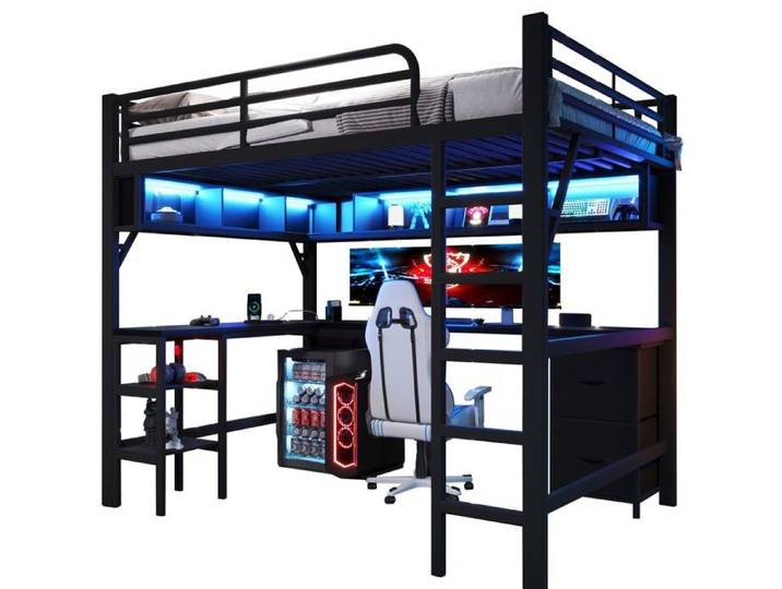 Lit Mezzanine Gamer Métal Noir 140x200cm Bibliothèque Bureau Armoire Ports USB Éclairage LED Pratique Sans Matelas