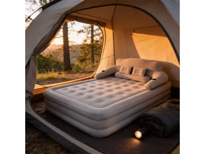 Matelas Gonflable Double en PVC Floqué, Lit Gonflable 3 Couches avec Dossier, Oreillers et Poches, Portable et Pliable