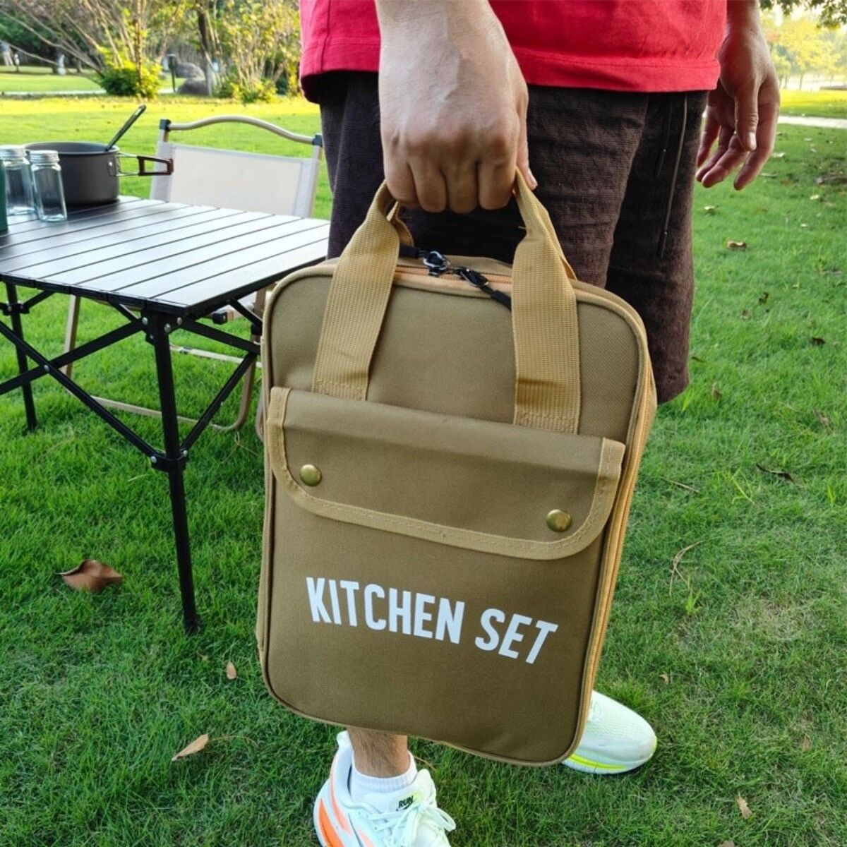 INF Aufbewahrungstasche für Outdoor-Kochgeschirr – Faltbarer, geschichteter Polyester Organizer für Camping und Picknick Khaki