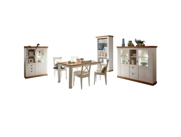 Furn.Design Esszimmer-Set weiß Pinie, Eiche Wotan, Landhaus, Weiß, Eiche Wotan, Nachbildung,Pinie, Uni, Holz Optik, Rechteckig, 158x202x88 cm, Esszimmer