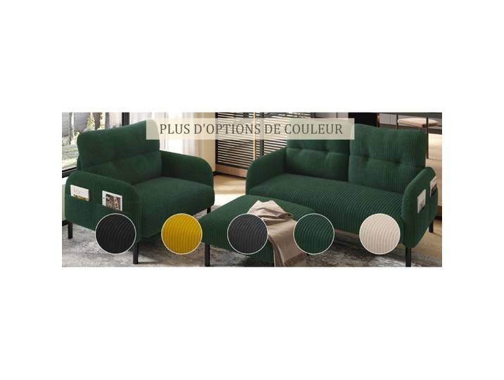 WOVREO Ensemble canapés 3 pièces velours côtelé vert émeraude canapé 2 places fauteuil pouf