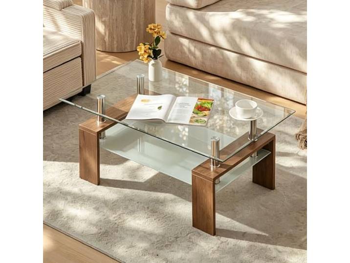 TUKAILAI Couchtisch mit Glas, Beistelltisch mit Offener Lagerraum, Nachttisch Wohnzimmer Schlafzimmer Wohnmöbel, 100 x 60 x 45cm