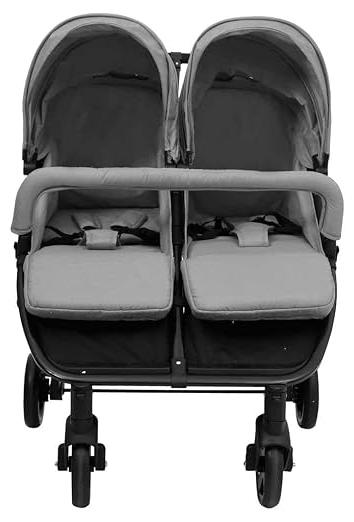 Geschwisterwagen mit Stahlrahmen, Zwillingskinderwagen für 2 Kinder, Klappbarer Buggy für Ausflüge, Hellgrau und Schwarz