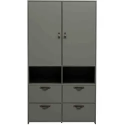 Kleiderschrank Stage aus Kiefernholz, modern, grün, mit Ledergriffen und flexibler Stauraumlösung