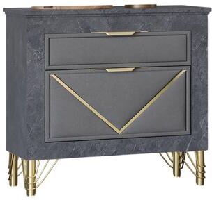Benjara Semy Nightstand, 2 Gold Accented Drawers, Gray Marble Laminate