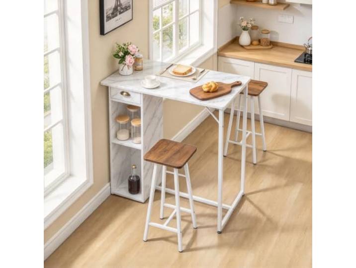 IDEALHOUSE 3-teiliger Bar-Table mit Barstuhl-Satz für Restaurants 3 Lagerraum, 2 gepolsterte Stühle, riesiger Tischtopf 91 x 50 cm, MDF + stabiler Stahlrahmen