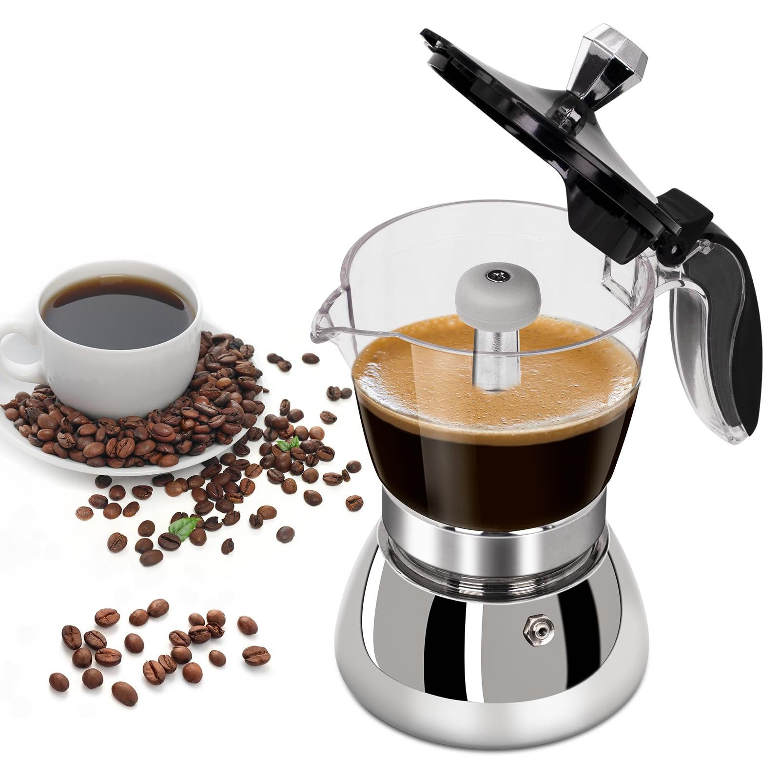 Dripio Espressokoker voor 4 kopjes, 200 ml – transparant en roestvrij staal