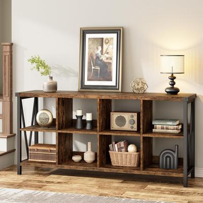 "Garvee 3-Tier 8-Cube Wooden Storage Organizer, 63"" Long Low Farmhouse Bookshelf for Entryway, Living Room, or Bedroom"