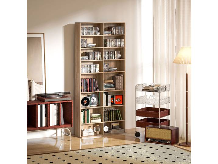 HOMCOM Étagère 9 Niveaux Bois Naturel 18 Compartiments CD DVD