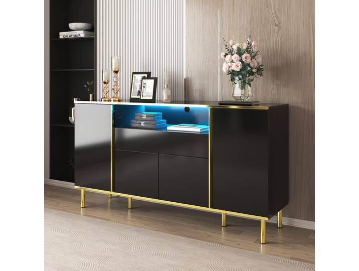 Buffet noir brillant, commode à 1 tiroir, armoire de rangement, design minimaliste élégant, multifonctionnel pour chambre à coucher