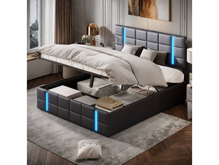 Rosahqnda Lit en cuir PU Cadre de lit double moderne Grand lit hydraulique à rangement sans matelas Noir