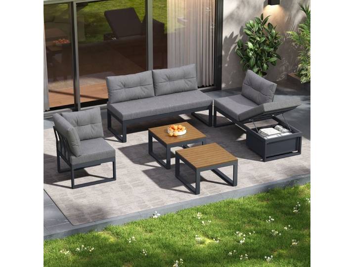 Salon de Jardin d'angle avec Dossier et Fonction Inclinable Réglables Espace de Rangement Ensemble Mobilier de Terrasse Gris