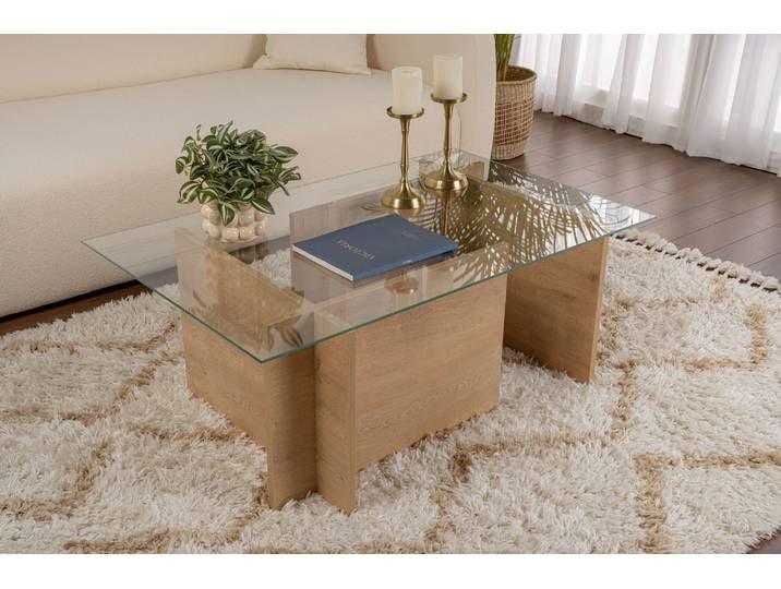 Skye Decor\, Vetrino - Honey Oak\, table basse\, 100 % verre trempé\, chêne miel\, 105 x 65 x 40 cm