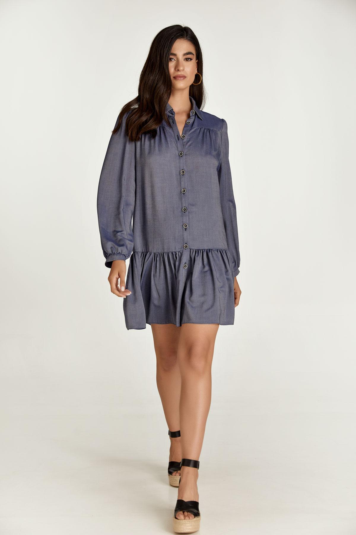 Blauwe denim stijl jurk met knopen