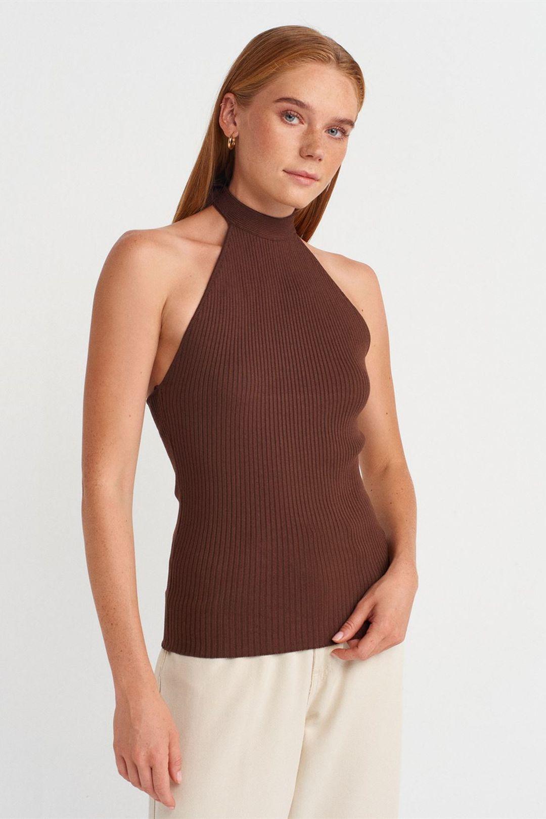 Gerippte Halterneck Slim-Fit-Bluse