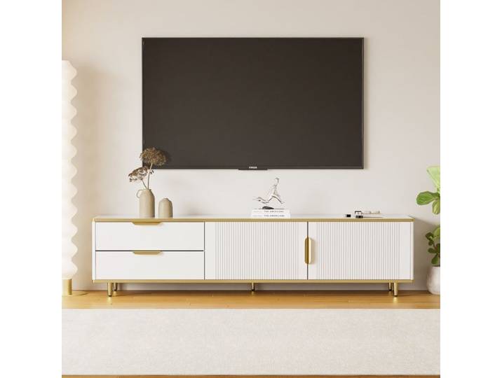 Meuble TV bas design - Textures sculptées poignées et pieds dorés - Style marbre moderne pour salon