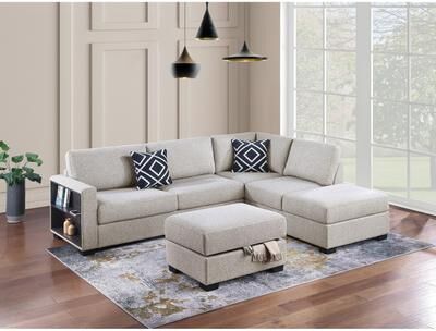Esofastore Boucle Upholstered 3pc Sectional Sofa Beige Finish Storage Ottoman