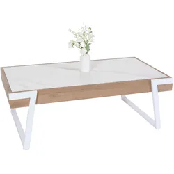 Couchtisch HWC-L89, Sofatisch Wohnzimmertisch, Eisen 43x120x64cm Sinterstein Marmor-Optik weiß Holz natur