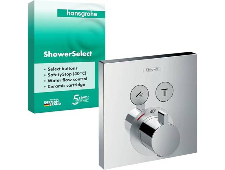 hansgrohe ShowerSelect - Mitigeur thermostatique\, Robinet encastré avec arrêt de sécurité (SafetyStop) à 40°C\, Thermostat carré\, 2 sorties\, Chromé\, 15763000