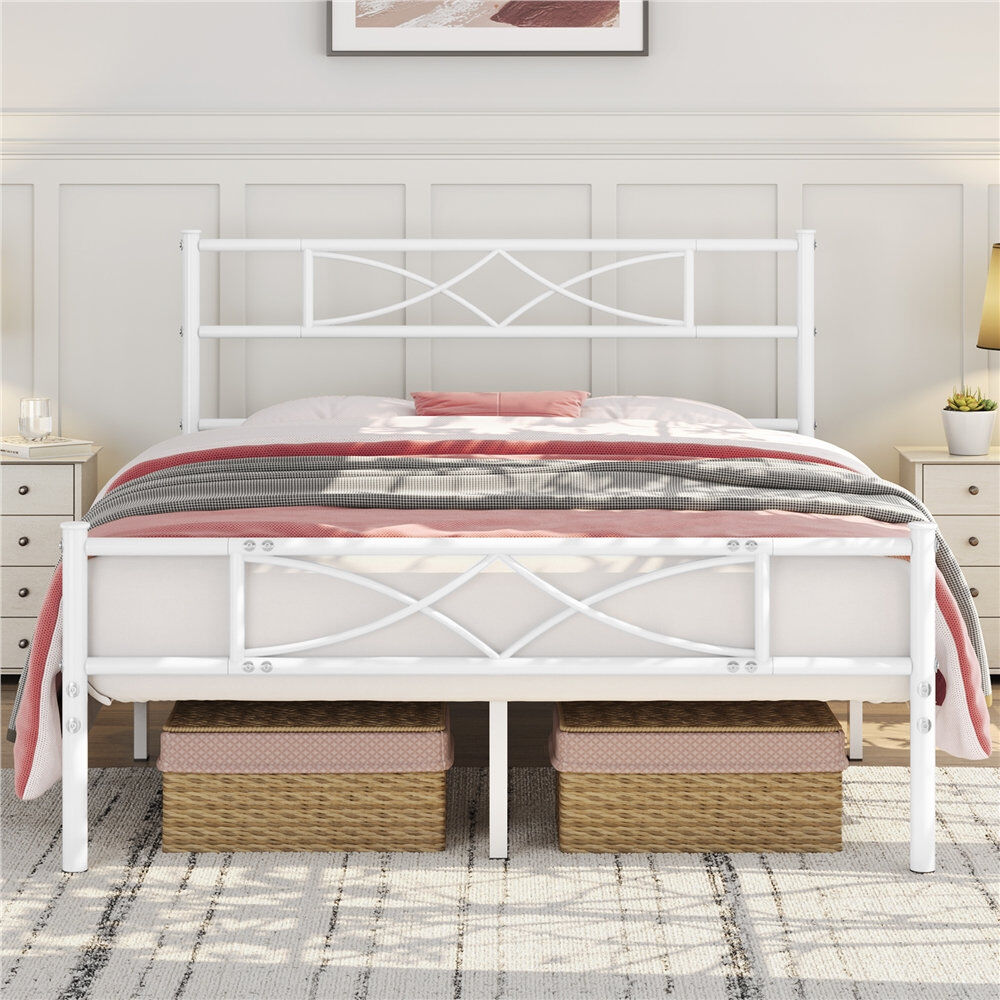 Yaheetech Simple Metal Bed Frame with Curved Design Headboard and Footboard White Double (4'6)