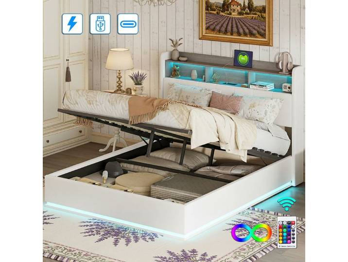 Lit coffre - LUMINARIX - 140x200cm - Velours beige - Éclairage LED - Rangement hydraulique