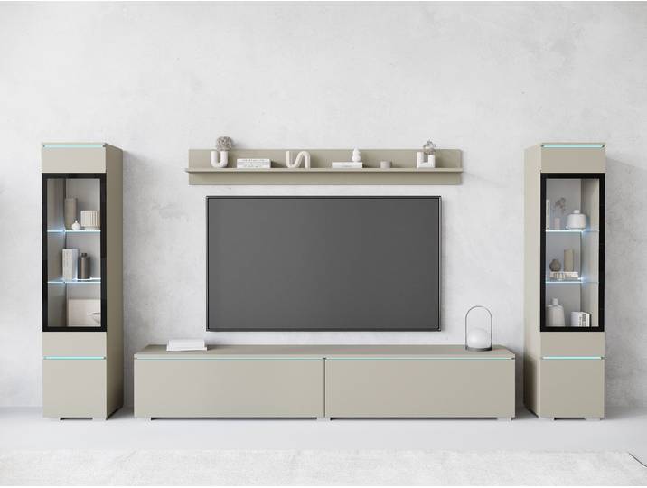 Wohnwand HOME AFFAIRE VERA II , beige (kaschmir), B:260cm H:130cm T:33cm, Kastenmöbel-Sets, Wohnwand, Mediawand 260 cm, Vitrine mit Verglasung, stehend und hängend