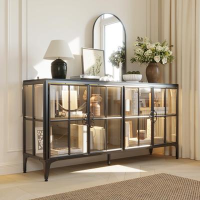 Timechee Bookshelves Display Cabinet with Adjustable Lighting Glass Doors Bookcase