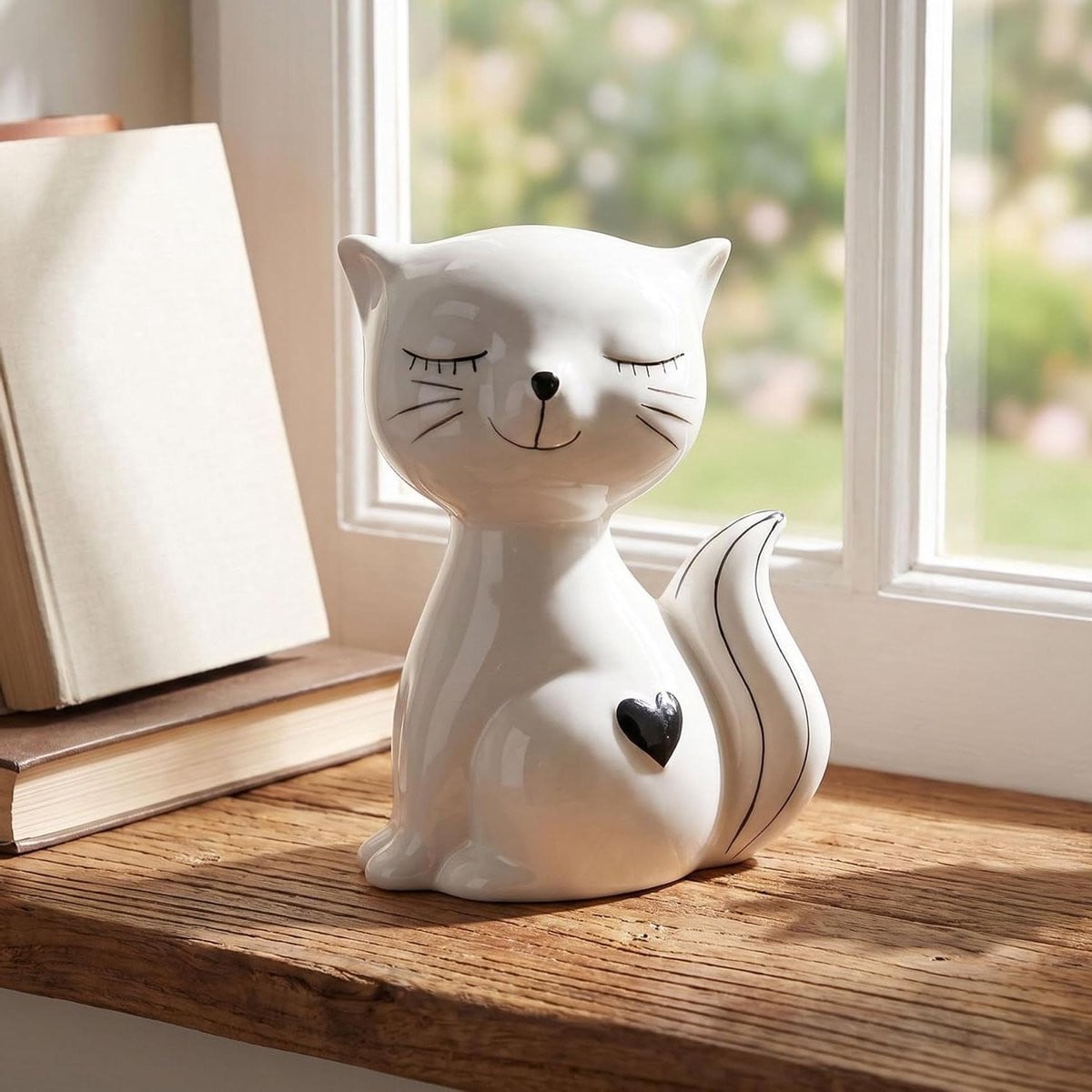 Keramiek Kat Figuur Zwart Wit - Kattenbeeldje Decoratie - Hoogte: 17 cm