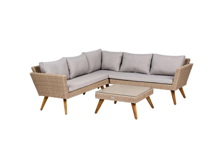 Beliani Garten-Ecksofa mit Tisch 6-Sitzer Polyrattan Grau Vittoria, Dunkelgrau, Braun, Kunststoff, Gartenmöbel, Gartengarnituren, Gartenmöbel-Sets
