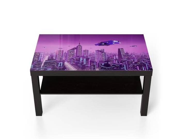 DEQORI Glastisch schwarz groß 90x50 cm Motiv Futuristische Metropole ausgefallener Beistelltisch aus Glas Hochglanz Couchtisch fürs Wohnzimmer moderner Couch Tisch mit Design
