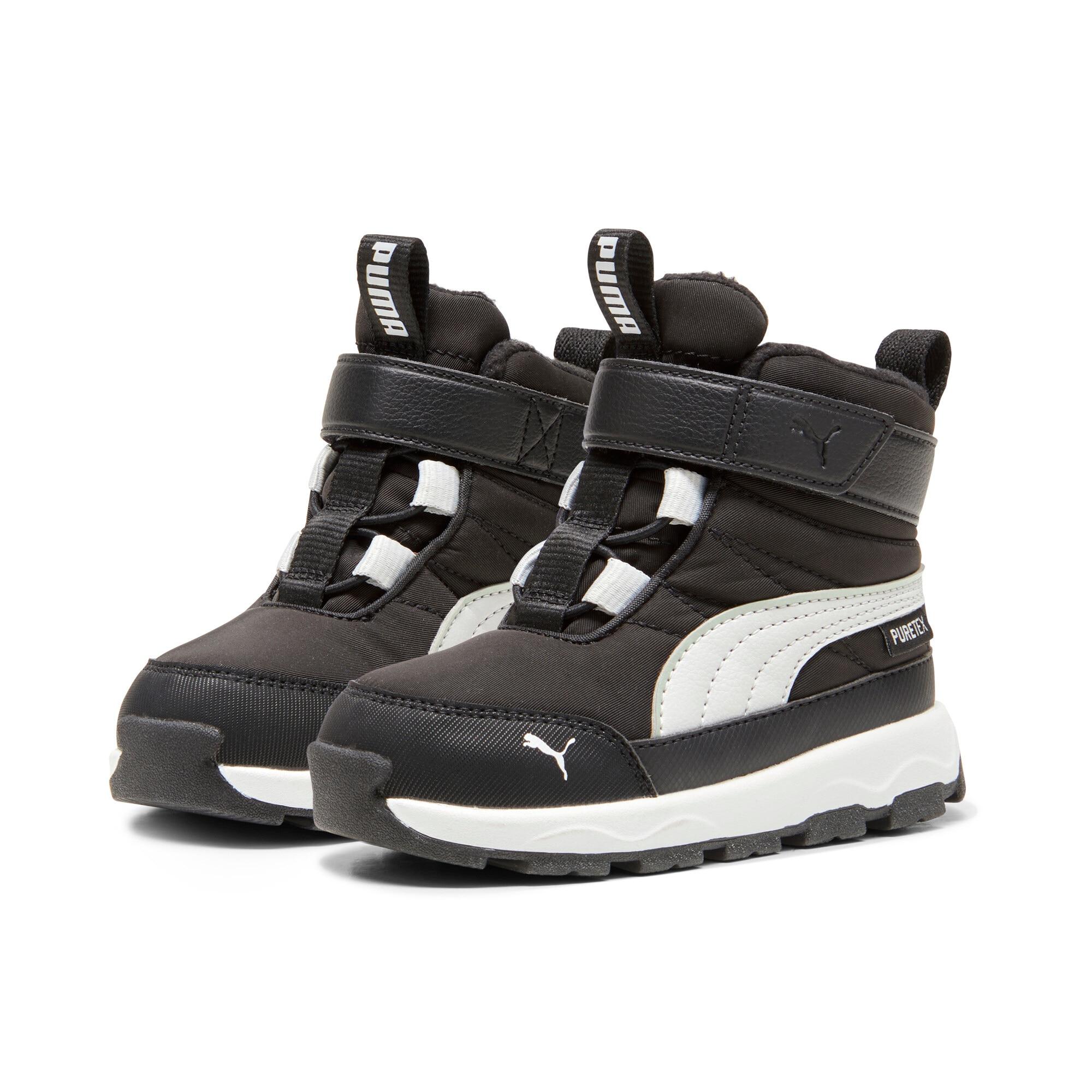 Winterboots PUMA "EVOLVE BOOT PURETEX AC+INF", Jungen, Gr. 24, schwarz-weiß (puma schwarz, ash gray, puma weiß), Textil, Schuhe Winterboots, Snowboots, Winterstiefel, Winterschuhe, für Kinder, wasserdicht