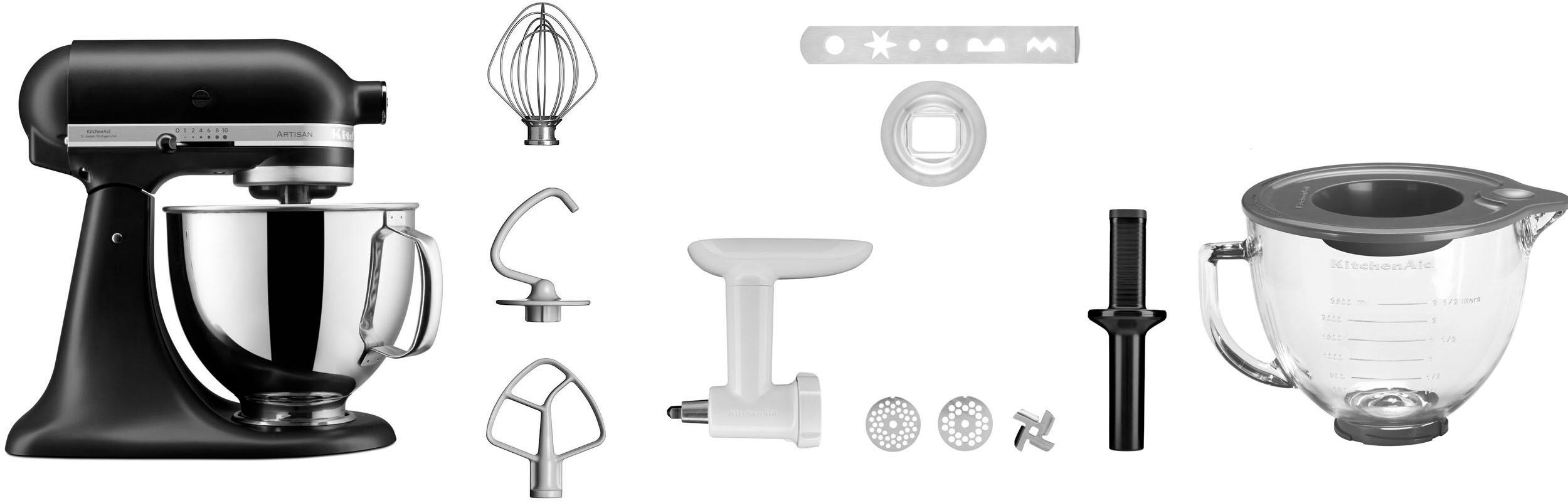 KITCHENAID Küchenmaschine "5KSM125EBM SCHWARZ MATT", schwarz (matt, schwarz), B:24cm H:36cm T:37cm, Küchenmaschinen, Gratis Fleischwolf, Schüssel, Spritzgebäckvorsatz (Wert: ca.238,- UVP), Küchenmaschine, Topseller