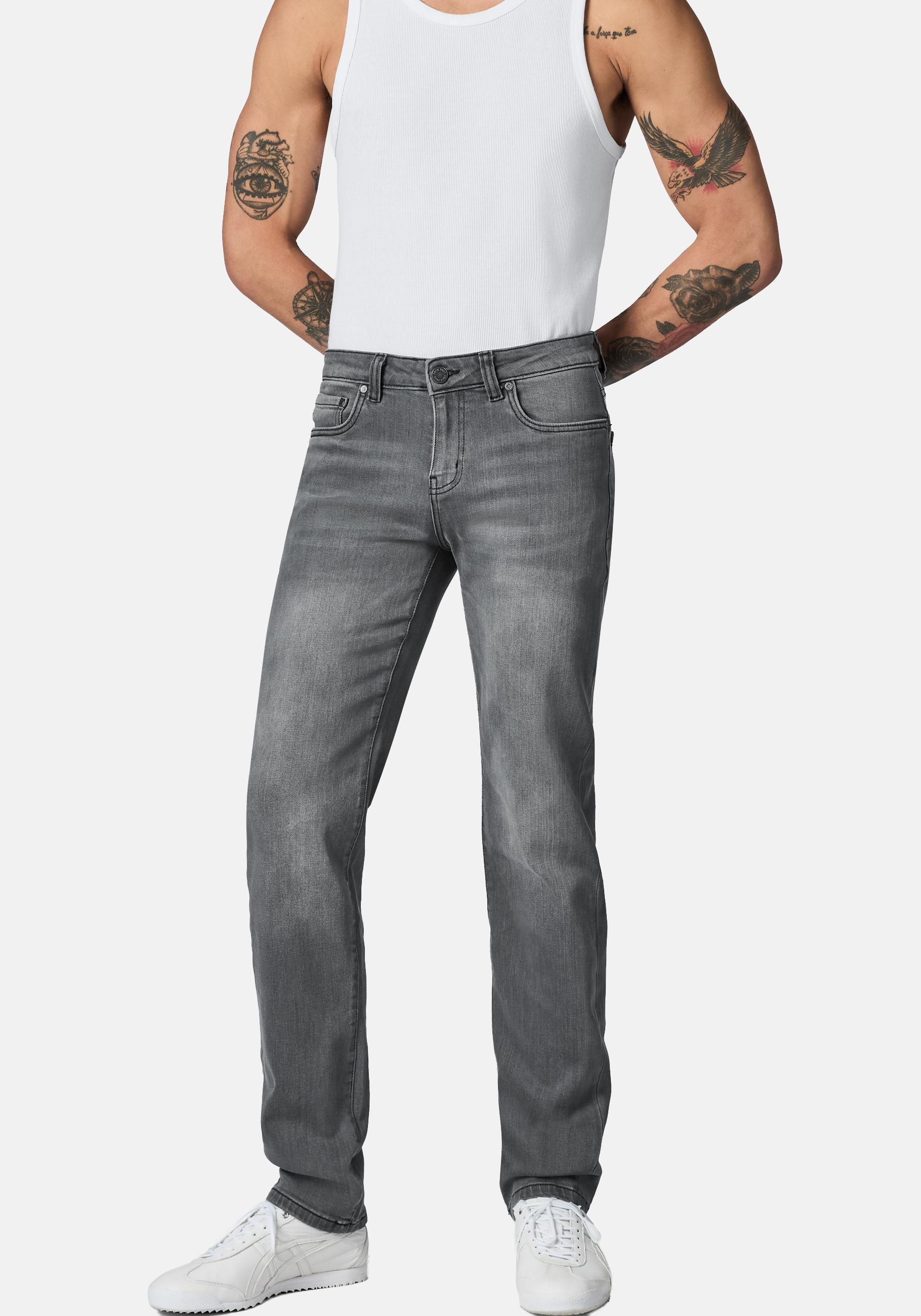 Tapered-fit-Jeans PEAK TIME "Cosmis", Herren, Gr. 35, Länge 34, moon grau, Jeans, Obermaterial: 88% Baumwolle, 11% Polyester, 1% Elasthan, gerade, unten schmal lang, Jeans, Herren Tapered Jeans mit Logoprägung