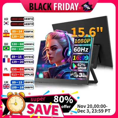 Tragbarer Monitor 15,6 Zoll Full HD Gaming Monitor Eingebaute Halterung VESA Wandmontage Monitor für PC Mac Mobile Xbox PS5