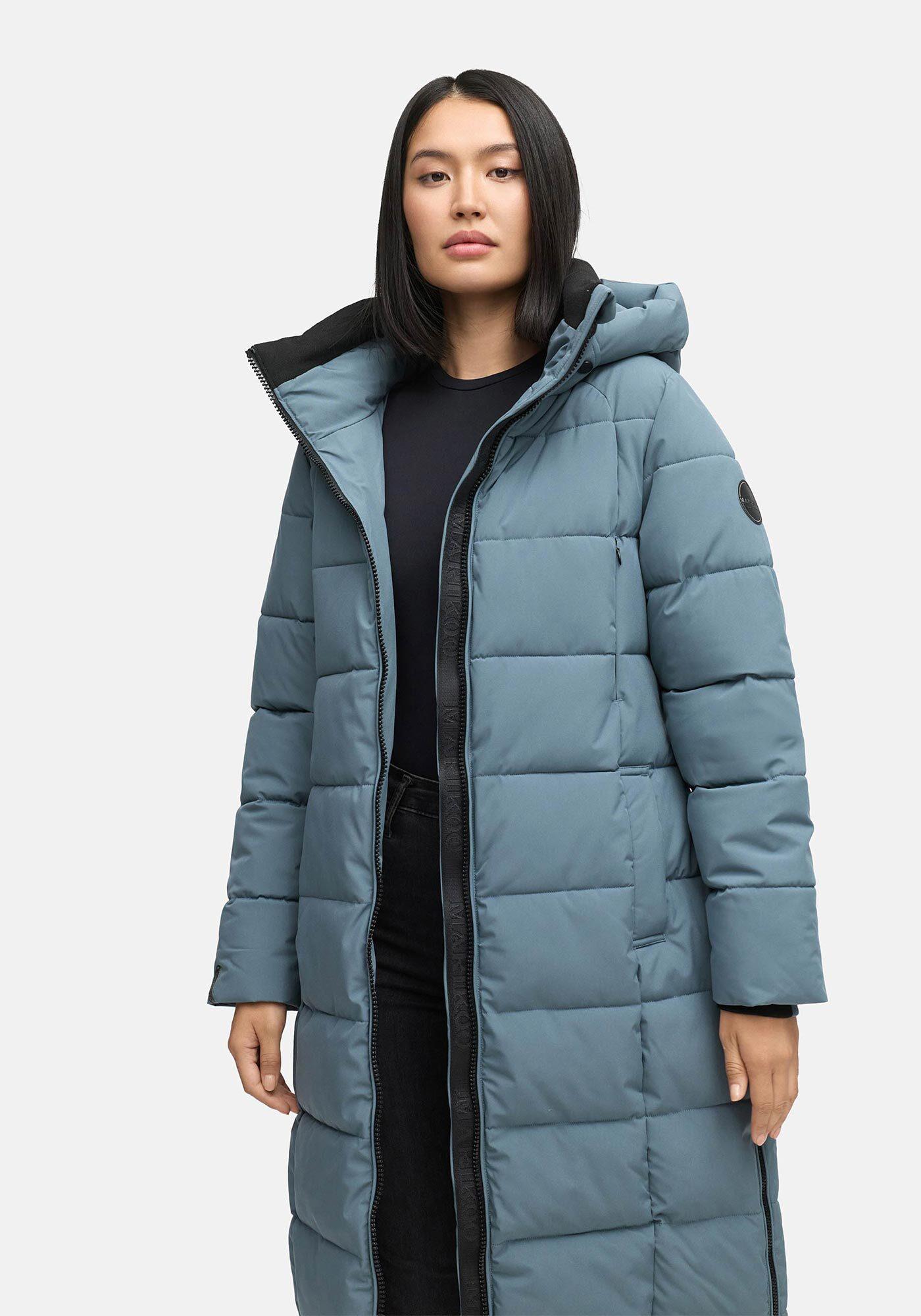 Winterjacke MARIKOO "Lanitaa", Damen, Gr. XS, blau (stormyblau), Obermaterial: 100% Polyester; Futter: 100% Polyester; Wattierung: 100% Polyester; Ärmelfutter: 100% Polyester, Jacken Winterjacke, Steppmantel mit abnehmbarer Kapuze