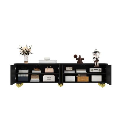 OKWISH TV Lowboard 170x38x44 cm mit 4 Türen Push to Open Einlegeböden Schwarz+Gold, gedämpfte Scharniere, 5 goldene Beine