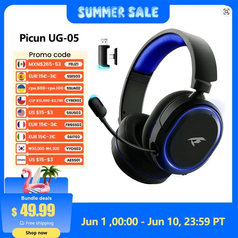 Picun G2 Wireless Gaming Headset Bluetooth 5.3 2,4G Kopfhörer 7.1 Surround 5ms ENC-Mikrofon mit geringer Latenz für PC PS4 PS5 Telefonschalter