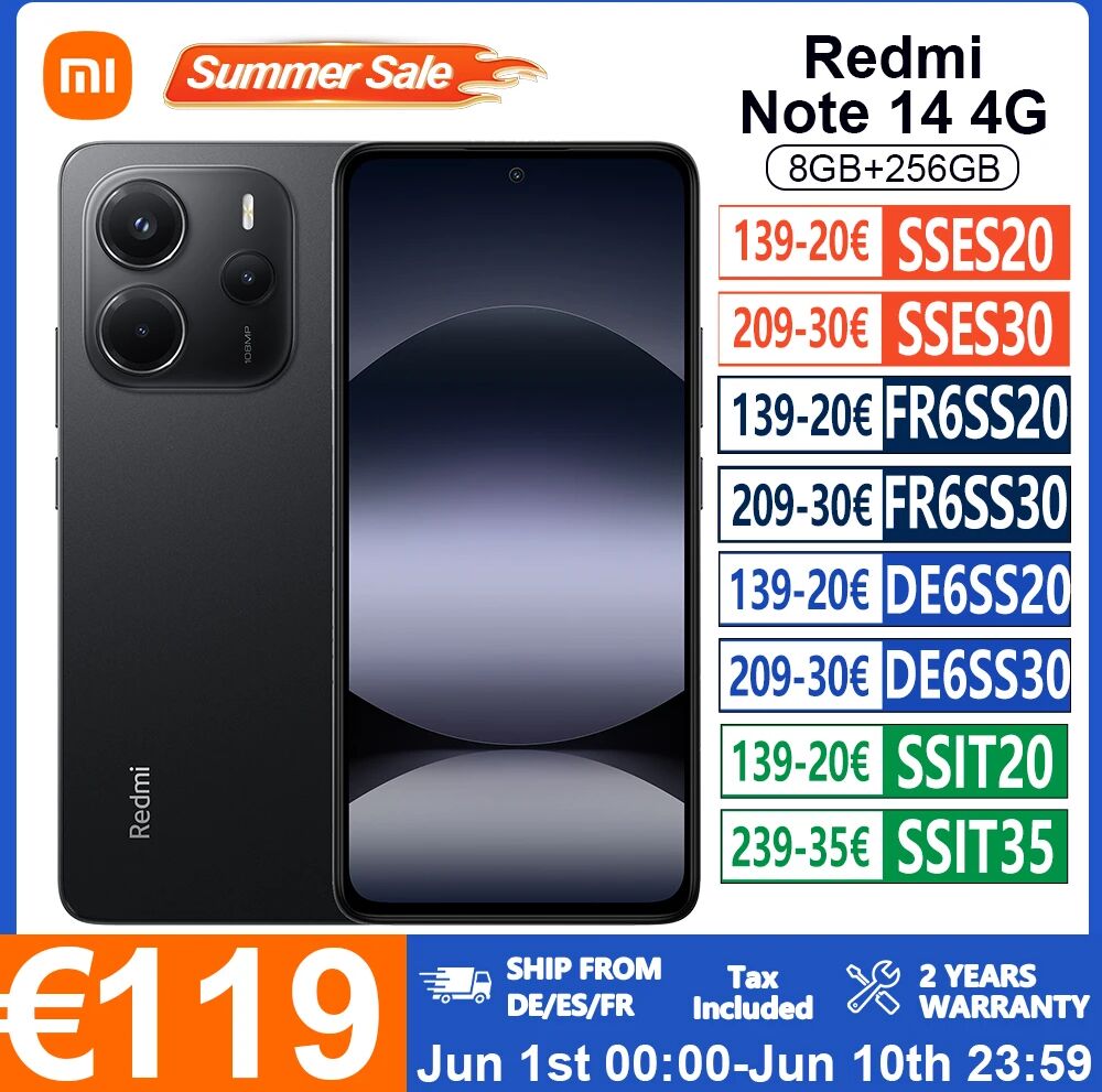 Xiaomi Redmi Note 14 4G smartphone European Version MediaTek Helio G99-Ultra NFC 108MP OIS Camera 6.67‘’ AMOLED Screen  5500mAh Battery
