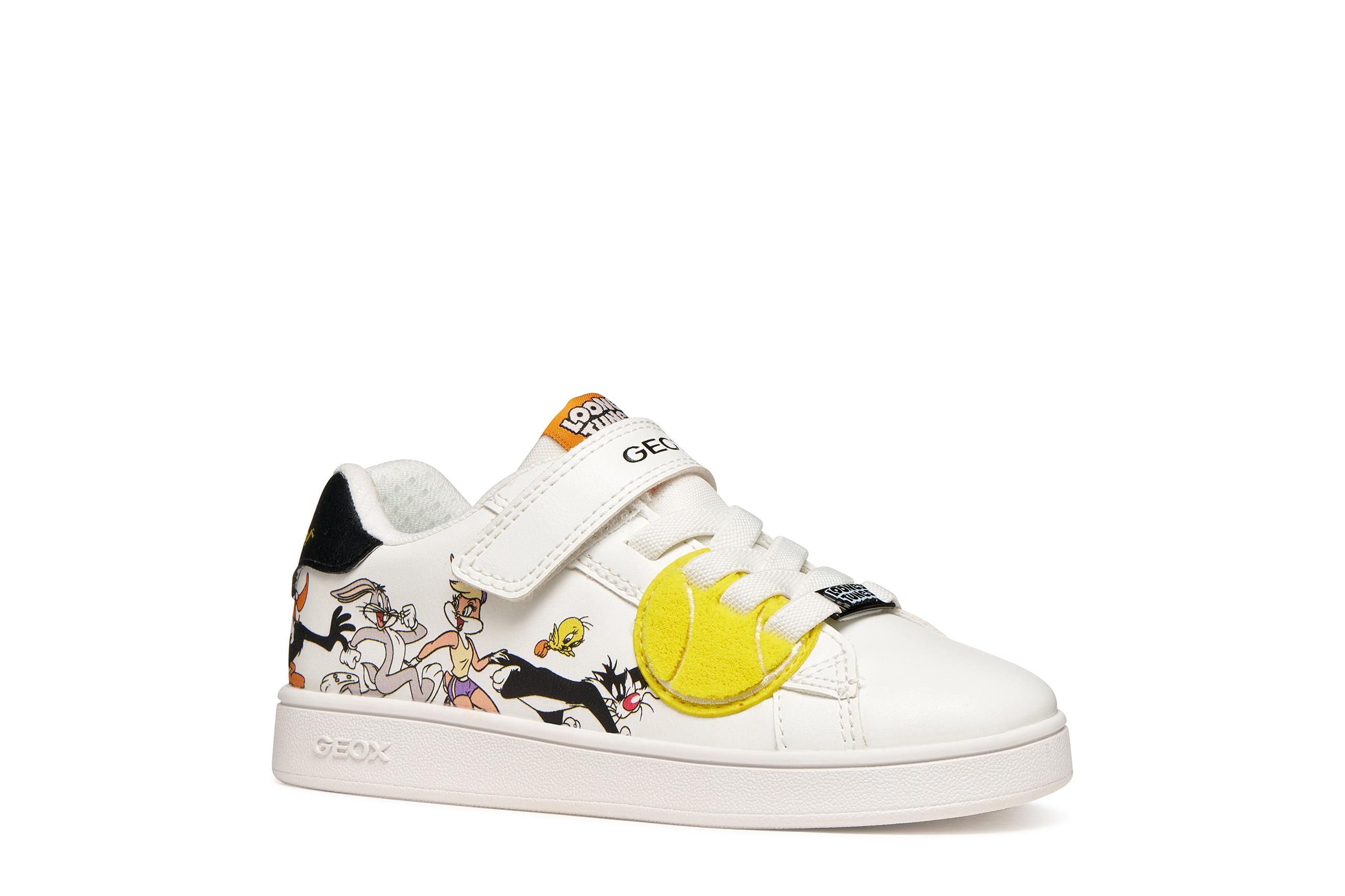 Sneaker GEOX "J ECLYPER BOY", Mädchen, Gr. 28, weiß, schwarz, Lederimitat, Textil, Schuhe Sneaker, Klettschuh mit Looney Tunes Motiv, Größenschablone zum Download