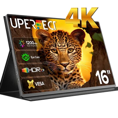 UPERFECT 4K tragbarer Monitor für Laptop 1200nit 16" UHD 3840x2400 Reise Gaming Monitor Bildschirm IPS-Display mit USB Typ C Port und Dual Lautsprecher Kompatibel mit PC Xbox PS4/5