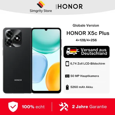 HONOR X5c Plus Smartphone 4 GB + 128 GB/4 GB + 256 GB, MagicOS 9.0 (Android 15), 5260-mAh-Akku, 90-Hz-Display mit 6,74 Zoll, 50-MP- + 14-MP-Kamera, MediaTek Helio G81, Octa-Core-Prozessor, Bluetooth 5.1