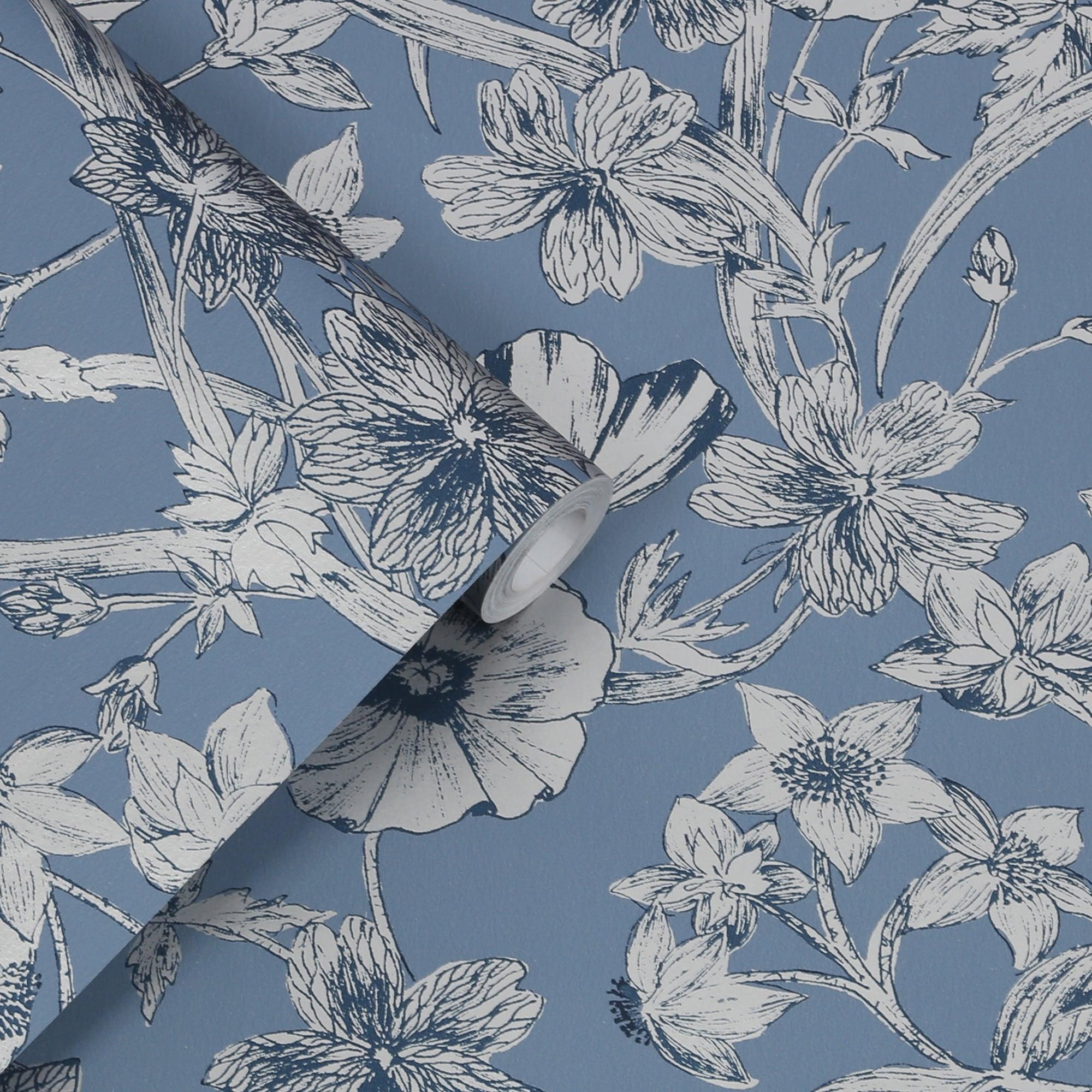 Vliestapete LAURA ASHLEY "Summerhill Midnight Blue", blau, B:0,52m L:10m, Vlies, Tapeten, 10mx52cm