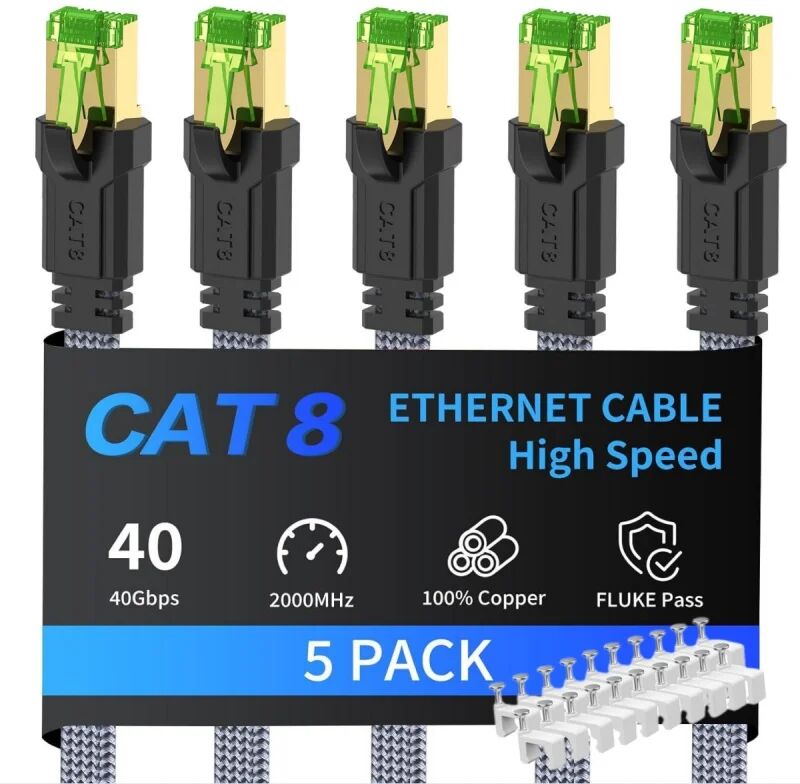 CYANMI MIZIQIER 5er-Pack langes CAT8-Flachnetzkabel 40 Gbit/s SFTP RJ45 LAN Cat 8 Kabel-Patchkabel für Modem-Router Gaming PC PS4/5/6 Xbox