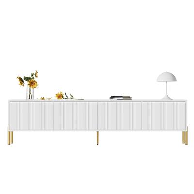 OKWISH TV Lowboard 190x38x48 cm Weiß mit 4 Türen 8 Fächern gerillter Front goldenen Metallbeinen und gedämpften Scharnieren für modernes Wohnzimmer