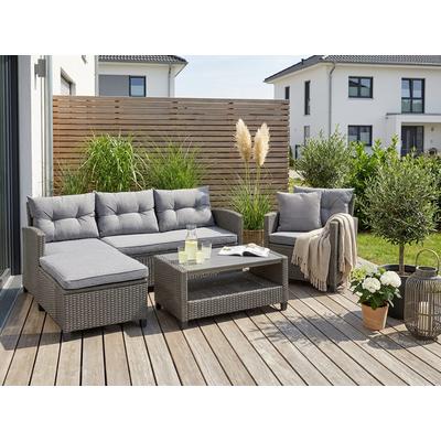 Gartenlounge-Set KONIFERA "Cordoba", grau (graubraun, graubraun), Loungeset Cordoba, Polyrattan, Sitzmöbel-Sets, Polyratten, Stahl, Tischplatte aus Nonwood, geeignet für 4 Personen, Topseller