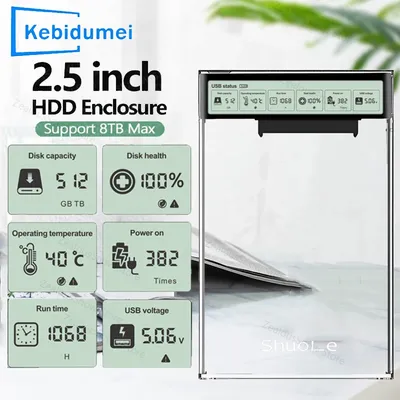 Smart Display 2,5'' HDD SSD-Gehäuse USB3.2 Gen2 Klare externe Festplattengehäuse mit 5 Gbit/s Festplatte Tragbarer Aufbewahrungskoffer für Laptop