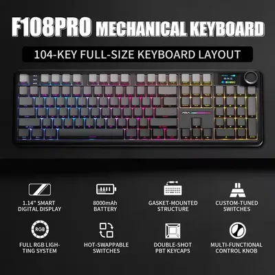 AULA F108 Pro Gaming Mechanische Tastatur Tri-Modus Anpassbare Multi-Knopf-Bildschirm RGB Esports Kabellose Tastatur mit TFT Smart Display
