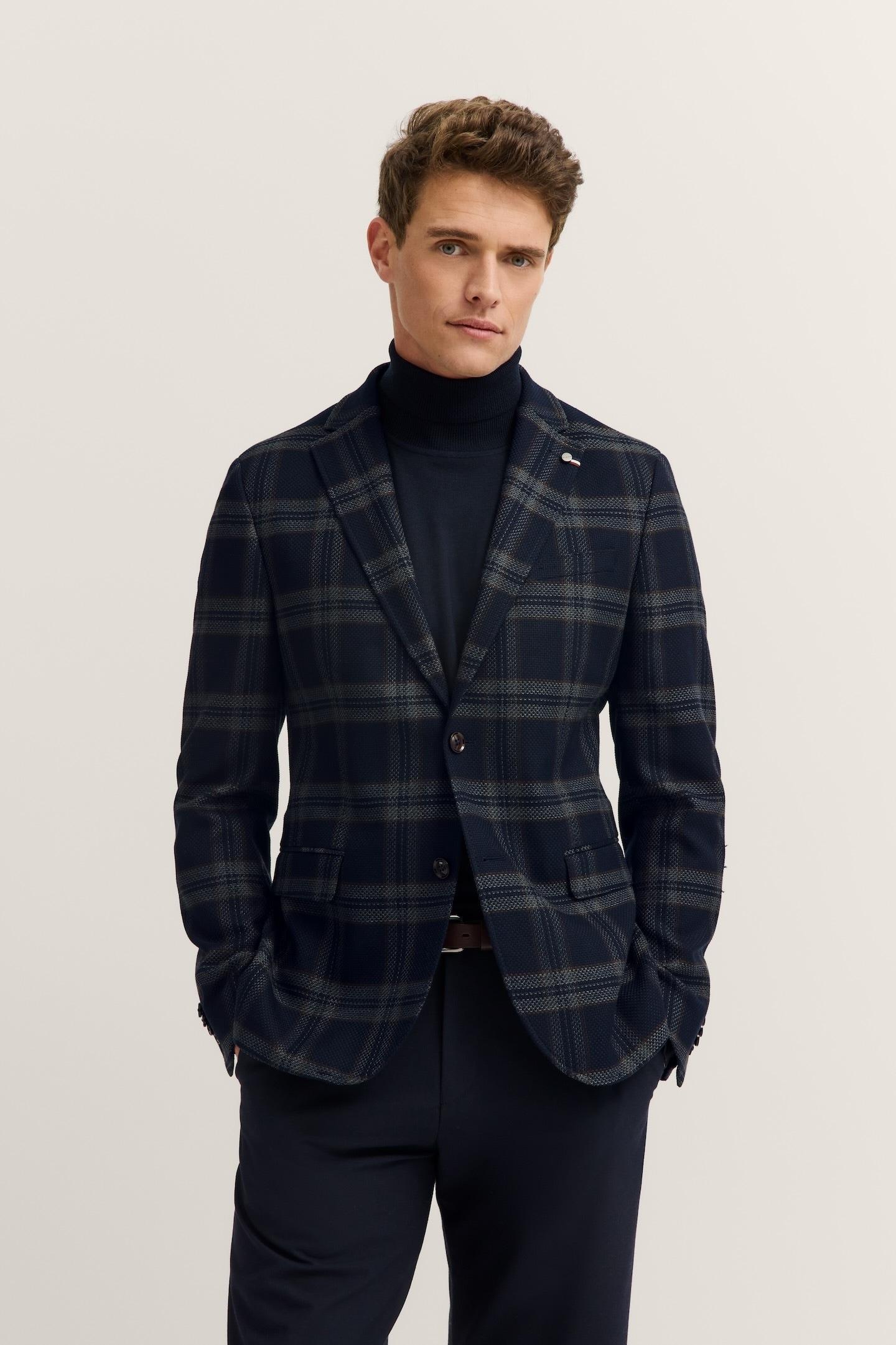 Sakko BUGATTI "Modern Fit", Herren, Gr. 48, 390, marine, 64% Polyester, 34% Viskose, 2% Elasthan, Glencheckmuster, normal, Manschette, Sakkos Sakko, mit Stretch-Futter & Glencheck