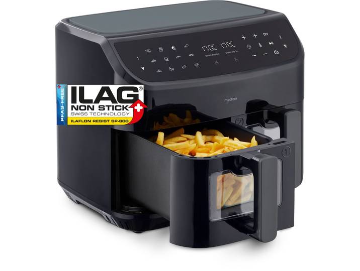 MEDION Heißluftfritteuse MD 11760 P20XXL Twin , schwarz, B:40cm H:33cm T:41cm, Fritteusen, Temperatur 50 - 200 C, ILAG Beschichtung, Sync-Finish